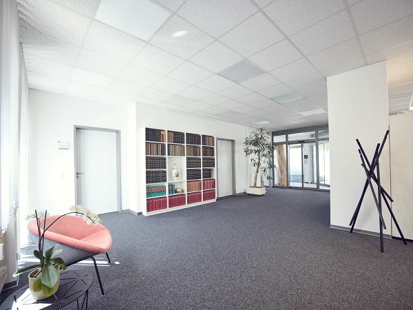 Ein hell erleuchteter Bürobereich mit einem modernen, offenen Layout, einer rosa Couch, einem Regal mit Akten und Pflanzen sowie einem großen Fenster, das Zugang zu natürlichem Licht bietet.