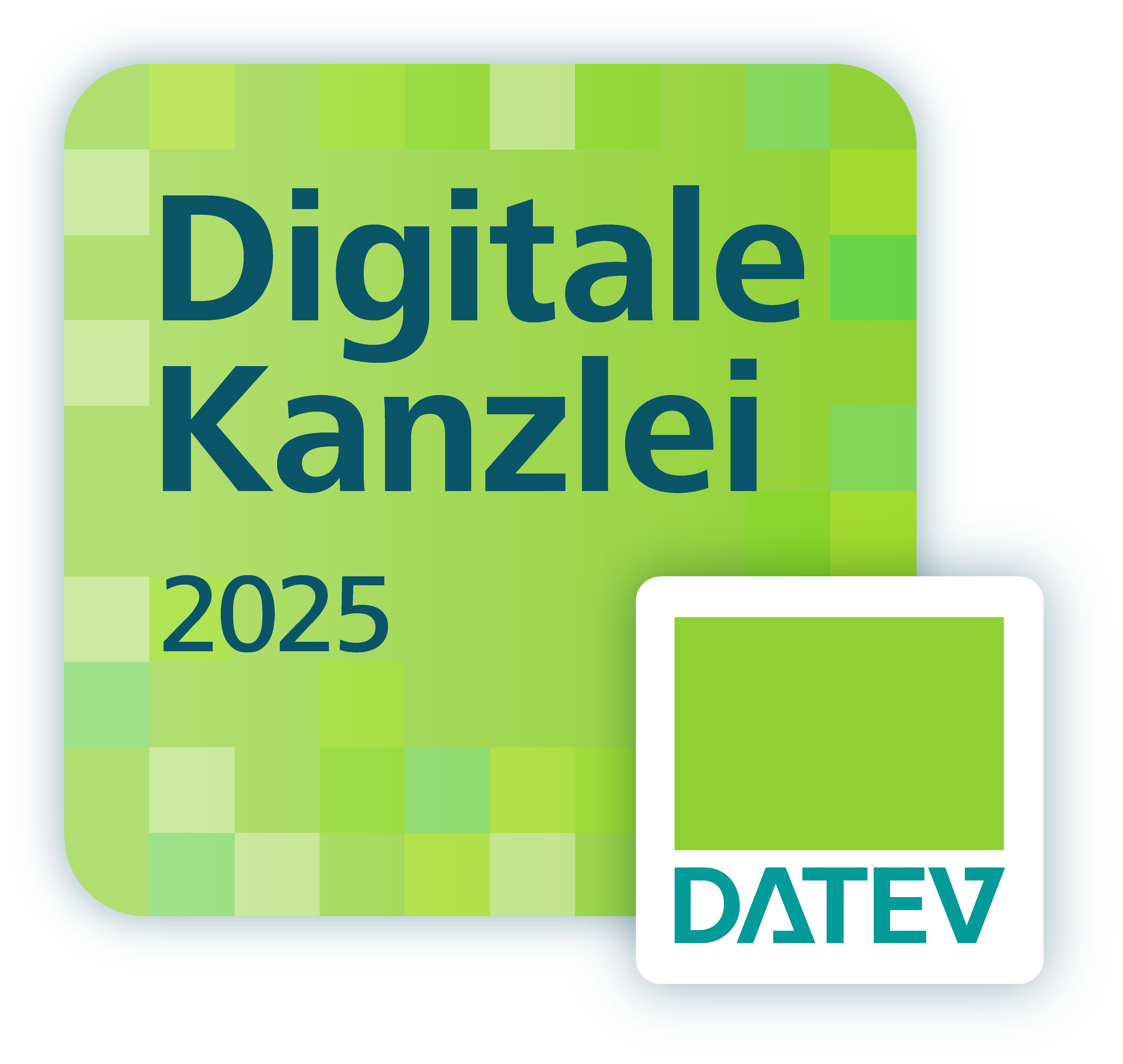 Logo der digitalen Kanzlei 2025 von DATEV, bestehend aus einem grünen, pixeligen Hintergrund mit dem Schriftzug „Digitale Kanzlei 2025“ und dem DATEV-Logo in einer weißen Box.