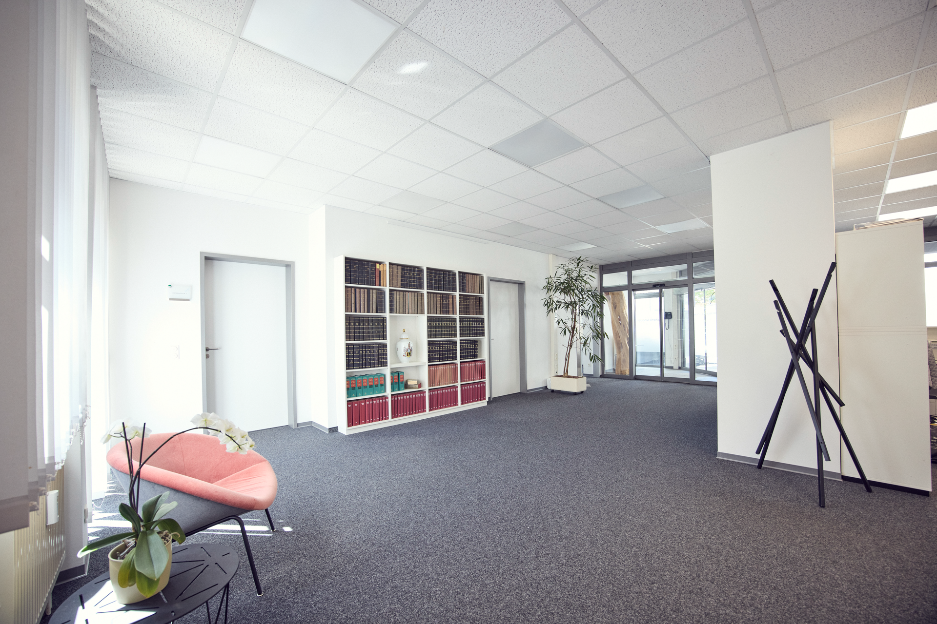 Ein hell erleuchteter Bürobereich mit einem modernen, offenen Layout, einer rosa Couch, einem Regal mit Akten und Pflanzen sowie einem großen Fenster, das Zugang zu natürlichem Licht bietet.